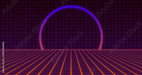 Glowing neon half-ring hovering over orange-yellow grid at horizon, with purple wall reflections