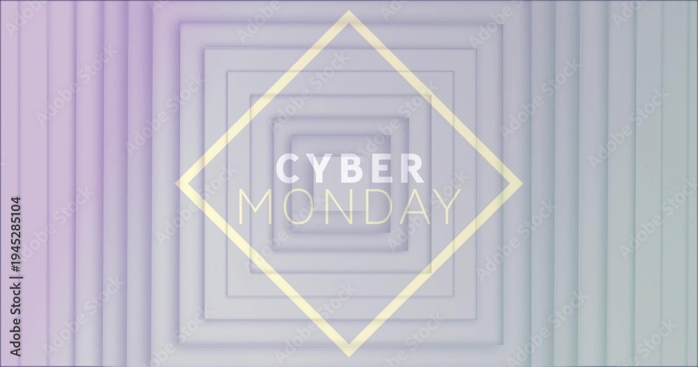 Fototapeta premium Showing ad 'CYBER MONDAY' text in pale yellow diamond on banner, concentric frames pastel gradient