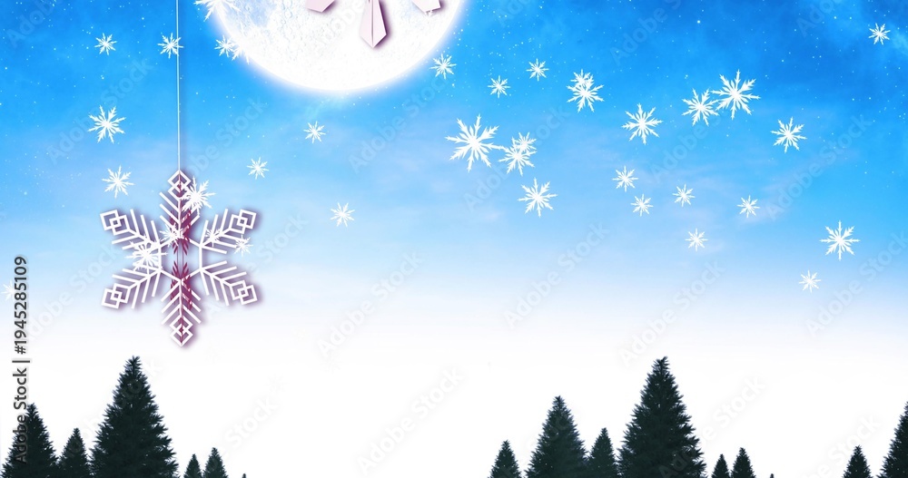 Obraz premium Swaying snowflake ornament on thin string above winter treetops, with glowing moon and stars