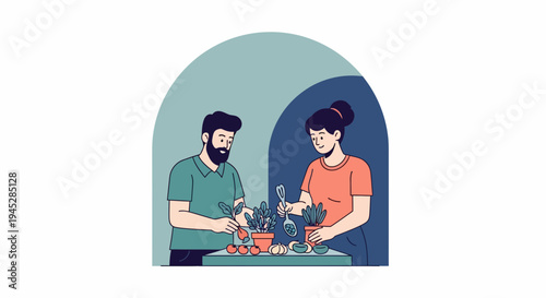 Healthcare Medical Collaborators Creating Green Garden and Crafting Projects with Blue Archways in Creative Workspaces