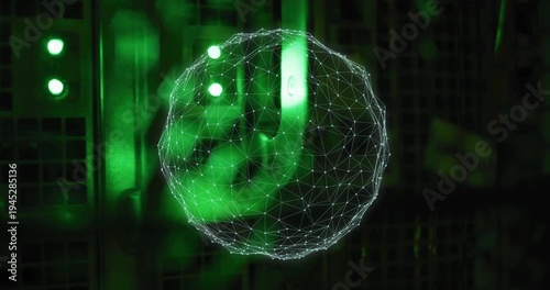Glowing wireframe network sphere floating in data center, with green light bar and indicator lights