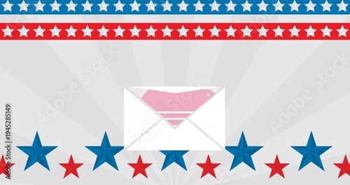 Showing white envelope with pink card and seal sitting center on patriotic poster with star stripes