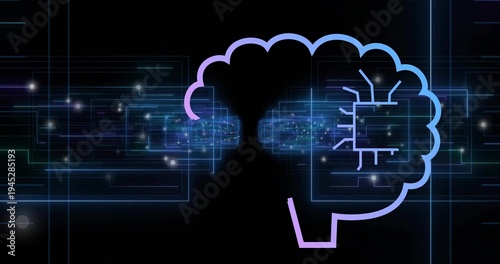Streaming data panels converging toward stylized neon brain at right in network, with microchip