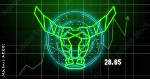 Displaying geometric neon green bull head on black grid field, with cyan HUD, jagged chart 28