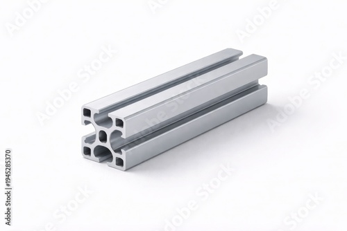 machined anodized aluminum extrusion profile segment isolated on white with precise linear geometry and soft industrial studio lighting