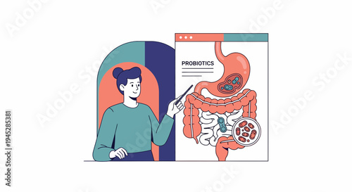Medical Infographic of Person Pointing to Human Digestive System Illustration with Probiotics Information