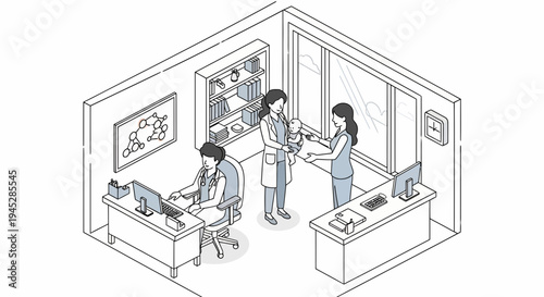 Black-and-White Line Drawing of Two Women and a Man in a Professional Setting