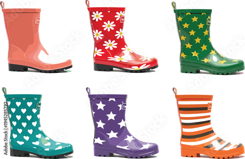 Colorful Rain Boots Set Featuring Floral, Heart, Stripe, and Star Patterns for Stylish Footwear Illustrations