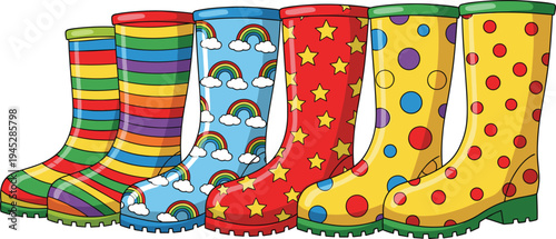 Bright and Fun Patterned Rain Boots Set Featuring Stripes, Rainbows, Stars, and Polka Dots for Colorful Footwear Designs