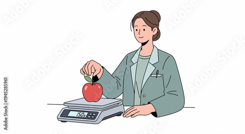 Woman in Lab Coat Weighing a Red Apple on a Digital Scale for Measurement and Nutrition Education, Front View Illustration
