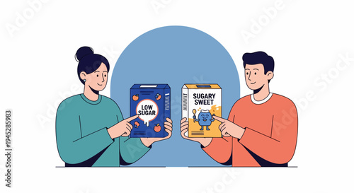 Cartoon woman and man reading colorful books, teal and orange shirts, blue half‑circle backdrop, front view illustration