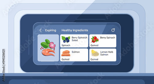 User navigates digital food inventory screen displaying salmon, beef, pork, berry, gourd, and squash items in a meal planning interface