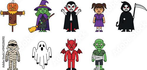 Halloween character collection with witch vampire ghost mummy zombie and devil cartoon vector illustration set