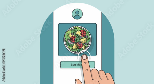 Hand pressing teal button on modern white and teal vending machine displaying fresh salad screen - close-up advertisement view