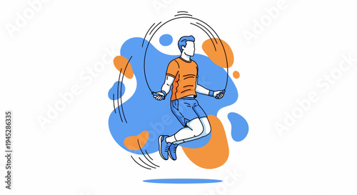 Cartoon man jumping rope mid‑air on white background, dynamic motion lines illustrate energy and playfulness from a centered viewpoint