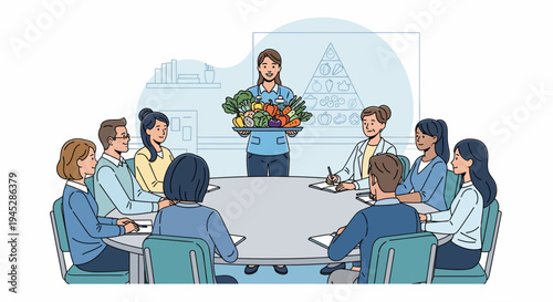 Woman presenting with flowers to an audience around a table during a professional meeting illustration viewed from above