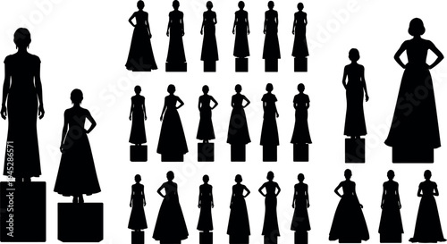 Set of elegant female fashion model silhouettes wearing long evening gowns and formal dresses for gala, wedding, or pageant events