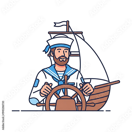 Sailor steering a ship wheel on a boat at sea.