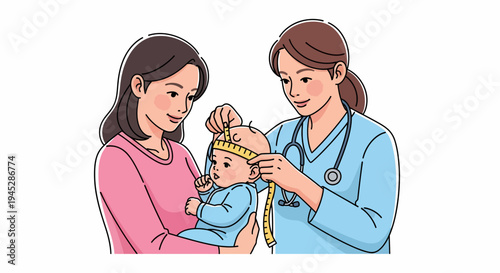 Medical professional measuring baby head circumference while mother and woman observe in a clinical illustration
