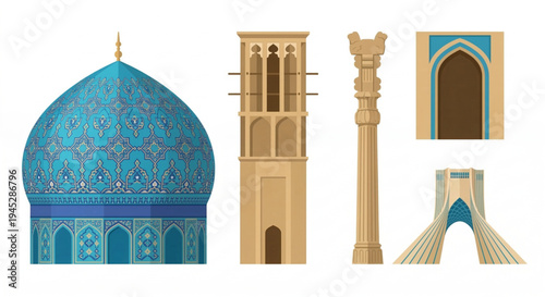 Iranian architecture vector set. Features iconic landmarks mosque dome, Persepolis column, wind catcher, traditional arch, Azadi Tower. Represents Persian heritage
