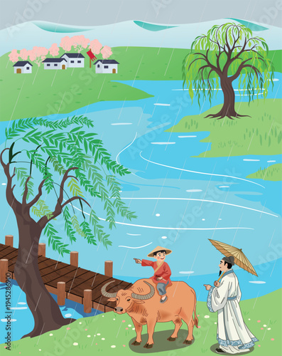 Chinese style, traditional culture, classical literature, literary illustration, shepherd boy pointing to Xinghua Village, Chinese painting, poet, ancient poetry, Qingming Festival, apricot blossom vi