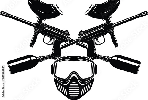 Crossed paintball guns and protective mask emblem, tactical sport equipment logo, black flat vector illustration isolated on white background