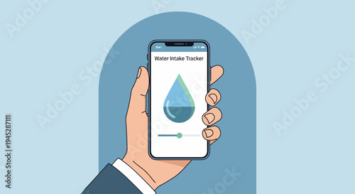Frontal view of a hand holding a phone with a water droplet graphic in a blue illustration setting