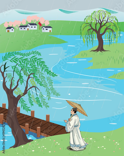 Chinese style, traditional culture, classical literature, literary illustration, Xinghua Village, Chinese painting, poet, ancient poetry, Qingming Festival, Xinghua Village wine