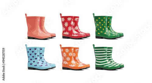 Colorful Rain Boots Set Featuring Floral, Heart, Stripe, and Star Patterns for Stylish Footwear Illustrations