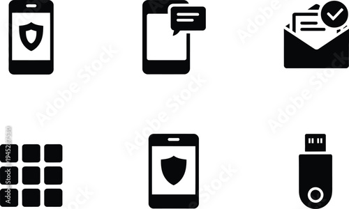 Set of six cybersecurity and data protection icons on white Keywords: cybersecurity, data