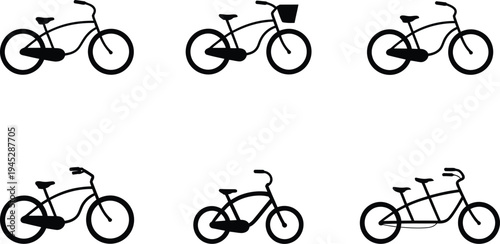 Six Black Bicycle Silhouettes On A White Background bike transportation