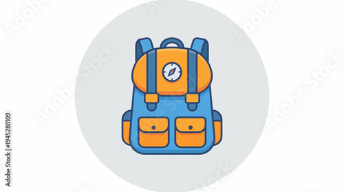 Stylized backpack icon in blue and brown with front, side pockets, and top flap patch, centered on gradient square background, symbolizing school, travel, and outdoor adventure.