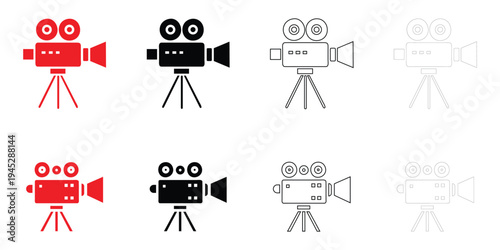Film camera icon vector set, video camera cinematography camera symbol vector, silhouette and line art illustration