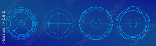 Modern HUD target interface elements set on blue background. Vector realistic illustration of digital tech overlay elements, futuristic military screen design, circular drone focus frames, game ui