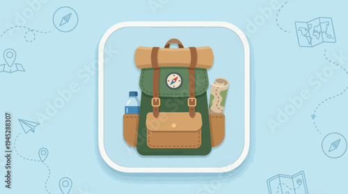 Stylized backpack icon in blue and brown with front, side pockets, and top flap patch, centered on gradient square background, symbolizing school, travel, and outdoor adventure.