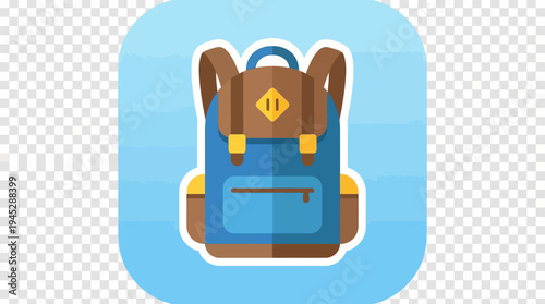 Stylized backpack icon in blue and brown with front, side pockets, and top flap patch, centered on gradient square background, symbolizing school, travel, and outdoor adventure.
