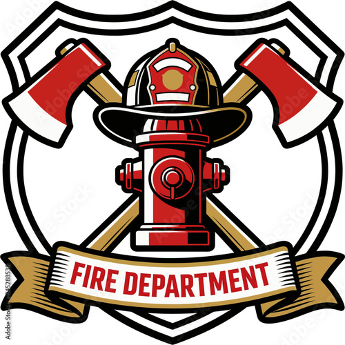 Fire Department Shield Badge with Helmet Axes Hydrant and Ribbon, Firefighter Emblem Vector