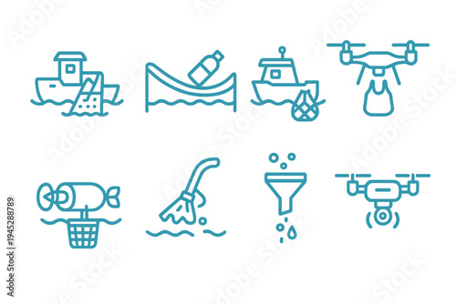 Various water-related activities illustrated through icons showcasing boats, drones, and cleaning equipment in a simple design
