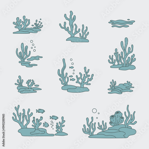 Whimsical underwater scenes featuring various sea plants and marine life