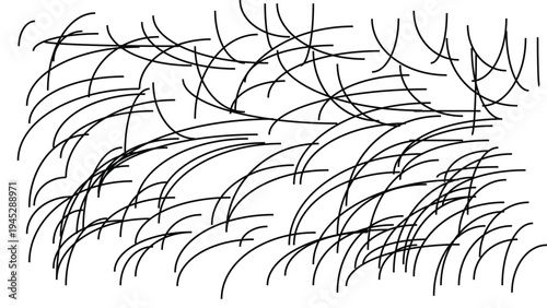 Dense field of arced black lines imitating grass texture on transparent grid background