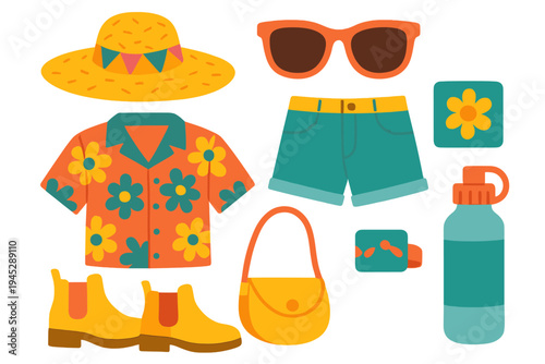 Colorful summer outfit elements with vibrant floral patterns and accessories for sunny outdoor activities