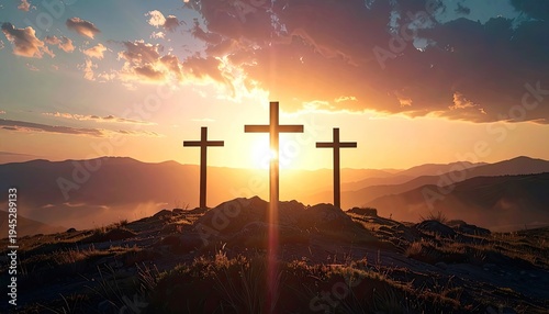Three crosses silhouetted against a vibrant sunset over a misty mountain range, symbolizing faith, hope, and resilience.