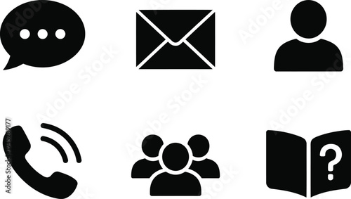 Six Black Vector Icons For Communication And Contact Methods speech