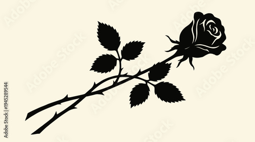 Elegant rose silhouette with long stem, leaves, and full bloom, contrasted against soft gradient background, symbolizing beauty, love, romance, and timeless floral artistry.