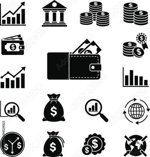 Business & finance icons: money bag, growth, wallet, world