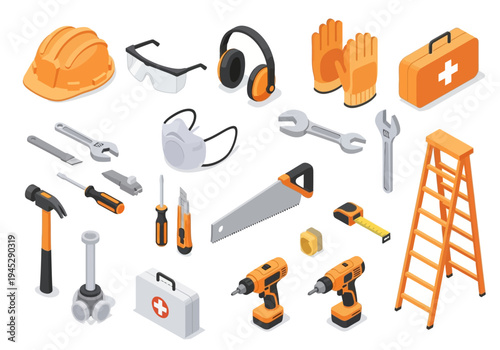 Collection of construction and safety equipment and tools for building and DIY projects