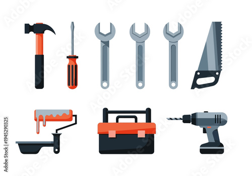 Collection of various tools for home renovation and construction projects, including a hammer, screwdriver, wrenches, saw, paint roller, toolbox, and drill