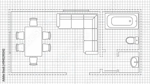 Architectural floor plan symbols set with furniture and fixtures including table, sofa, armchair, bath, toilet, bed, kitchen, and shower, drawn in top-down schematic design style.