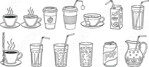Hand-Drawn Drink Icon Set Featuring Coffee, Tea, Juice, Soda, and Water Glasses for Beverage Illustrations