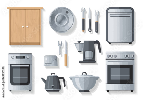 Collection of kitchen appliances and utensils, including ovens, coffee makers, pots, and tools
